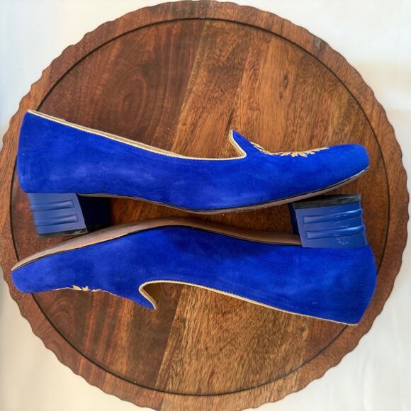 Vesba Velvet Cobalt Blue Gold Embroidered Loafers | Size EU 41 / US 9.5 - Picture 12 of 16